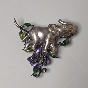 Large Heavy Metal Homemade Lucky Elephant And Flower Brooch